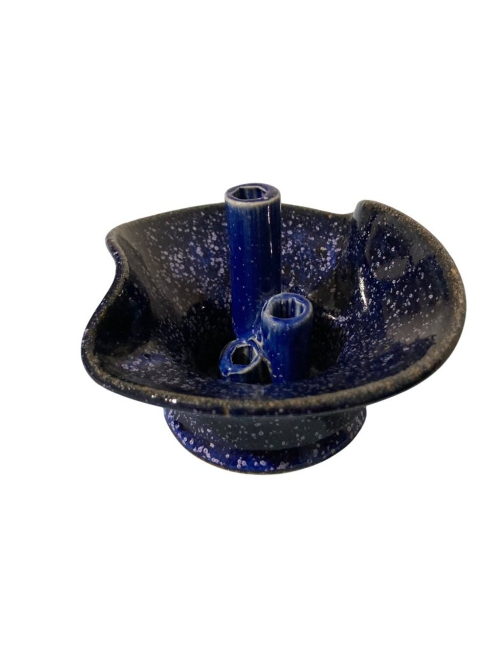 Blue Speckled Pottery Ikebana Vase Flower Frog